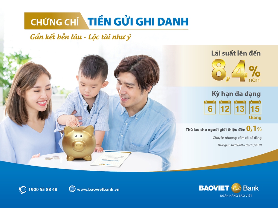 BAOVIET Bank phát hành 2000 tỷ đồng chứng chỉ tiền gửi ghi danh cho khách hàng cá nhân với lãi suất lên đến 8,4%
