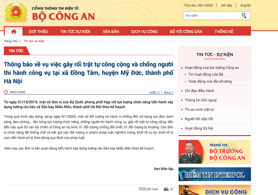 Bộ Công an chính thức thông tin về vụ việc gây rối trật tự công cộng và chống người thi hành công vụ tại Đồng Tâm