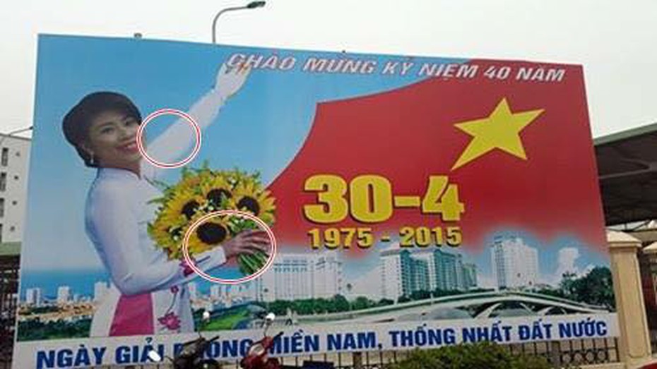 Pano chào mừng 30/4 ở Hà Nội cắt ghép ảnh lộ liễu