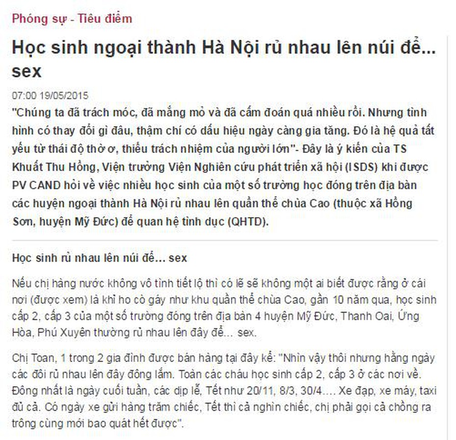 ‘Học sinh ngoại thành Hà Nội rủ nhau lên núi để sex’ gây xôn xao