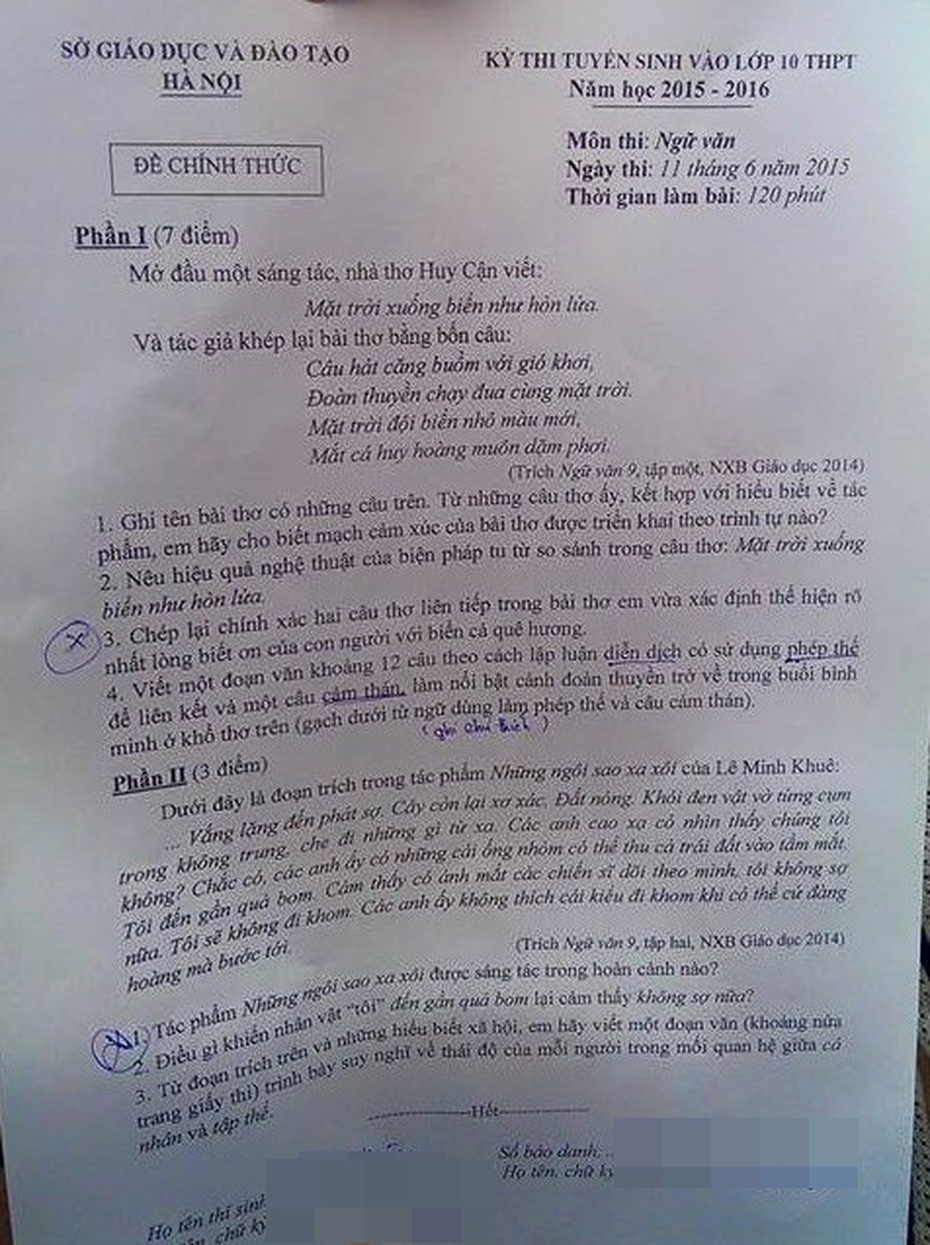 Đề thi môn Ngữ văn kỳ thi tuyển sinh vào lớp 10