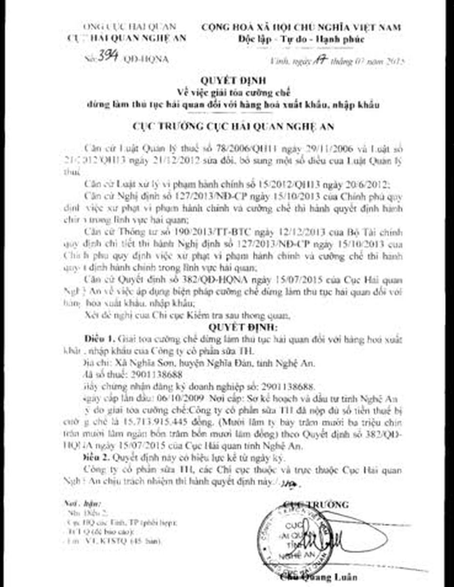 Giải tỏa cưỡng chế thủ tục hải quan cho Công ty TH Truemilk