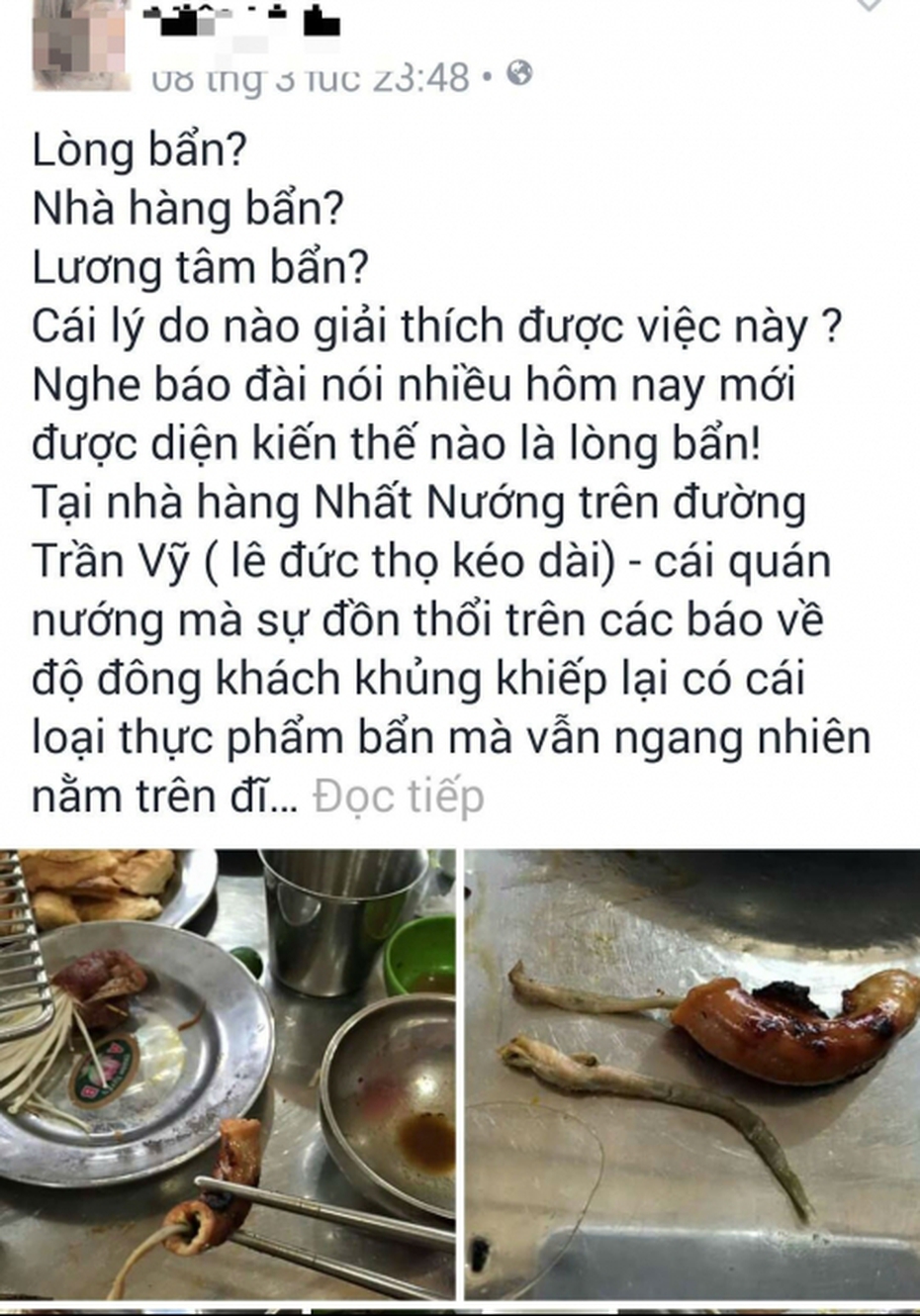 Giun sán bò ra từ đĩa lòng nướng ở Hà Nội: Nhà hàng này nói gì?