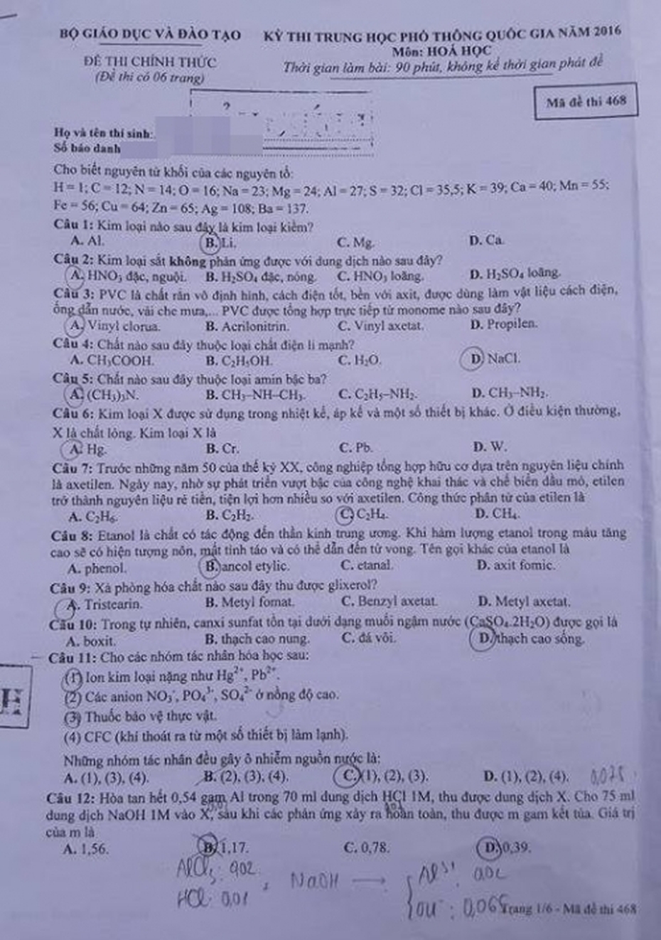 Đáp án đề thi môn Hóa học THPT Quốc gia năm 2016 Mã đề 468