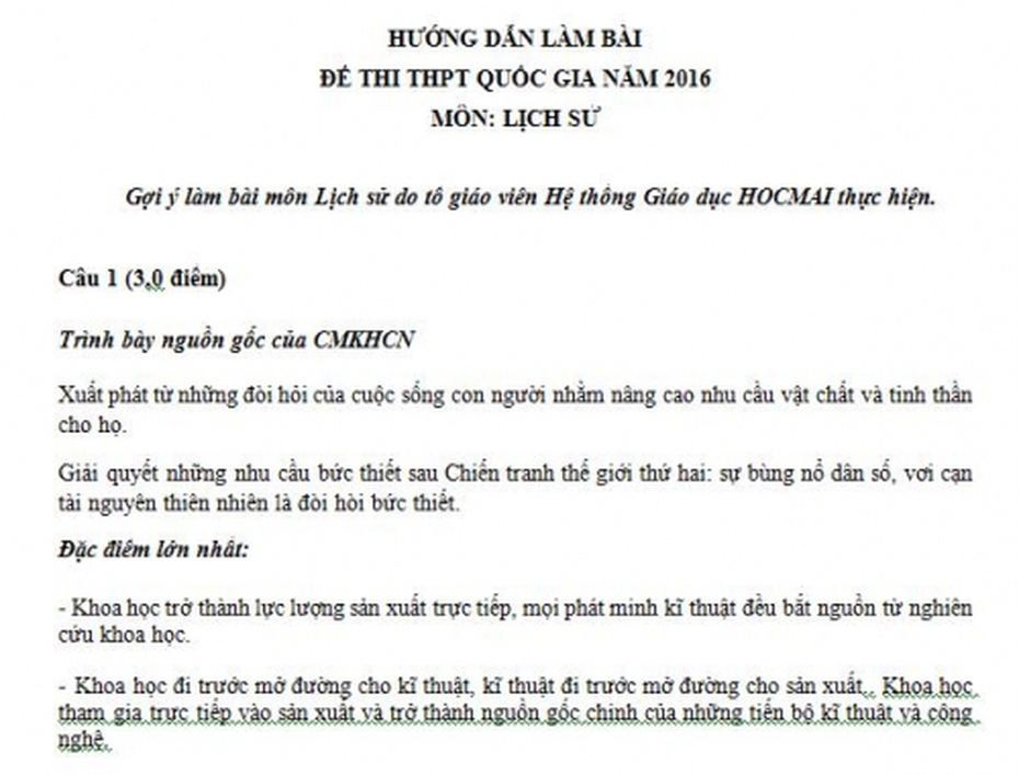 Đáp án đề thi môn Lịch sử THPT Quốc gia năm 2016