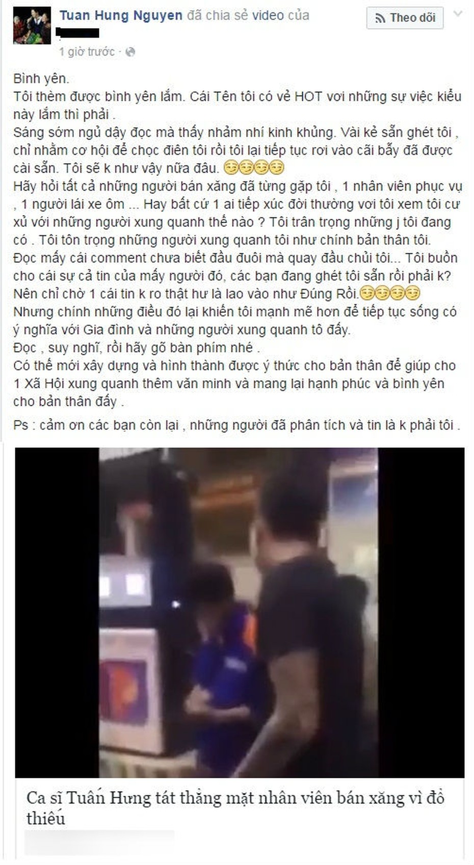 Tuấn Hưng nói gì về clip 'chửi bới, tát nhân viên bán xăng'?