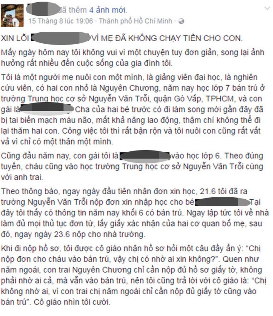 Phụ huynh tố không chạy 'tiền lót tay' trường không xếp lớp bán trú