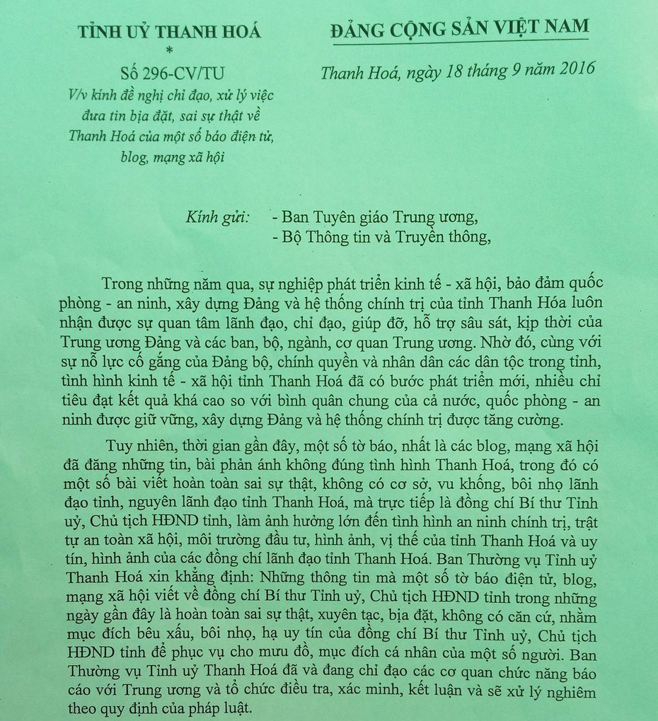Tỉnh ủy Thanh Hóa phủ nhận tin đồn xấu về bí thư