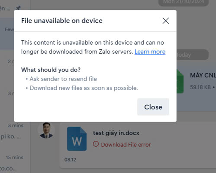 Zalo gặp sự cố gửi và nhận file trên nhiều phiên bản