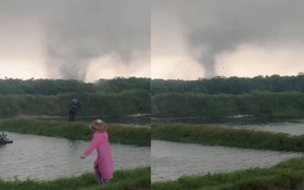 Người nuôi cá hoảng sợ bỏ chạy khi thấy lốc xoáy quét qua ao