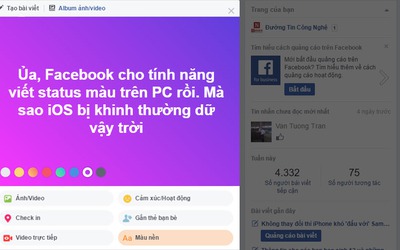 Facebook cho phép người dùng PC đăng status kèm màu nền