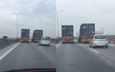 Clip: 2 container nghênh ngang, cố tình dàn hàng trên cầu Thanh Trì