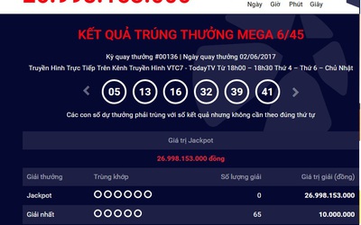 Kết quả xổ số Vietlott Mega ngày 2/6: Jackpot gần 27 tỷ đồng vô chủ