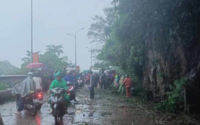 Mưa lớn, cây trên vách đá đổ xuống đè trúng 2 bố con đi đường