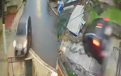 Ô tô lao khỏi đường như phim hành động, tài xế sống sót khó tin