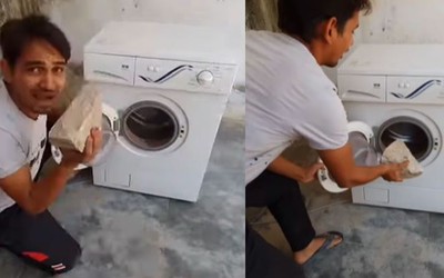 Nam thanh niên thả hòn đá lớn vào máy giặt, diễn biến tiếp theo khiến hàng triệu người "thót tim"