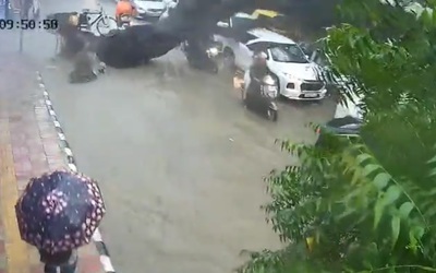 Cây xanh bất ngờ bật gốc, đè trúng hai cha con đi xe máy