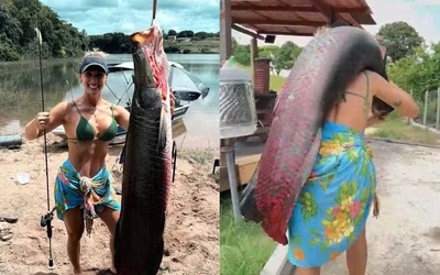 Người phụ nữ câu được con cá khổng lồ nặng 65kg trên sông