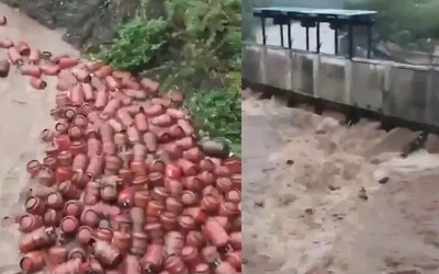 3000 bình gas bị nước lũ cuốn trôi xuống sông, người dân lao ra vớt
