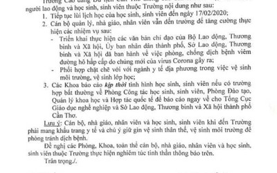 Trường cao đẳng Du lịch Cần Thơ lùi lịch học để phòng, chống virus Corona