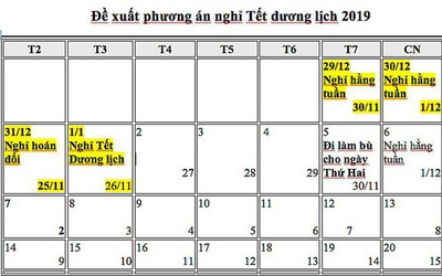 Năm 2019: Đề xuất hoán đổi ngày nghỉ dịp Tết Dương lịch, 30/4 và 1/5