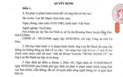 Xử phạt Youtuber đăng tin “bé trai 17 tuổi bị chém chết dã man”