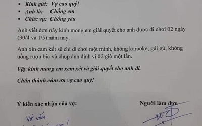 Chồng viết đơn xin đi chơi 30/4, phản ứng của vợ khiến dân mạng cười “té ghế”