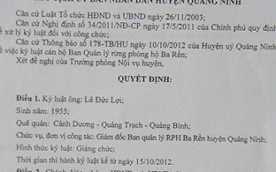 Giáng chức Giám đốc BQL rừng phòng hộ Ba Rền